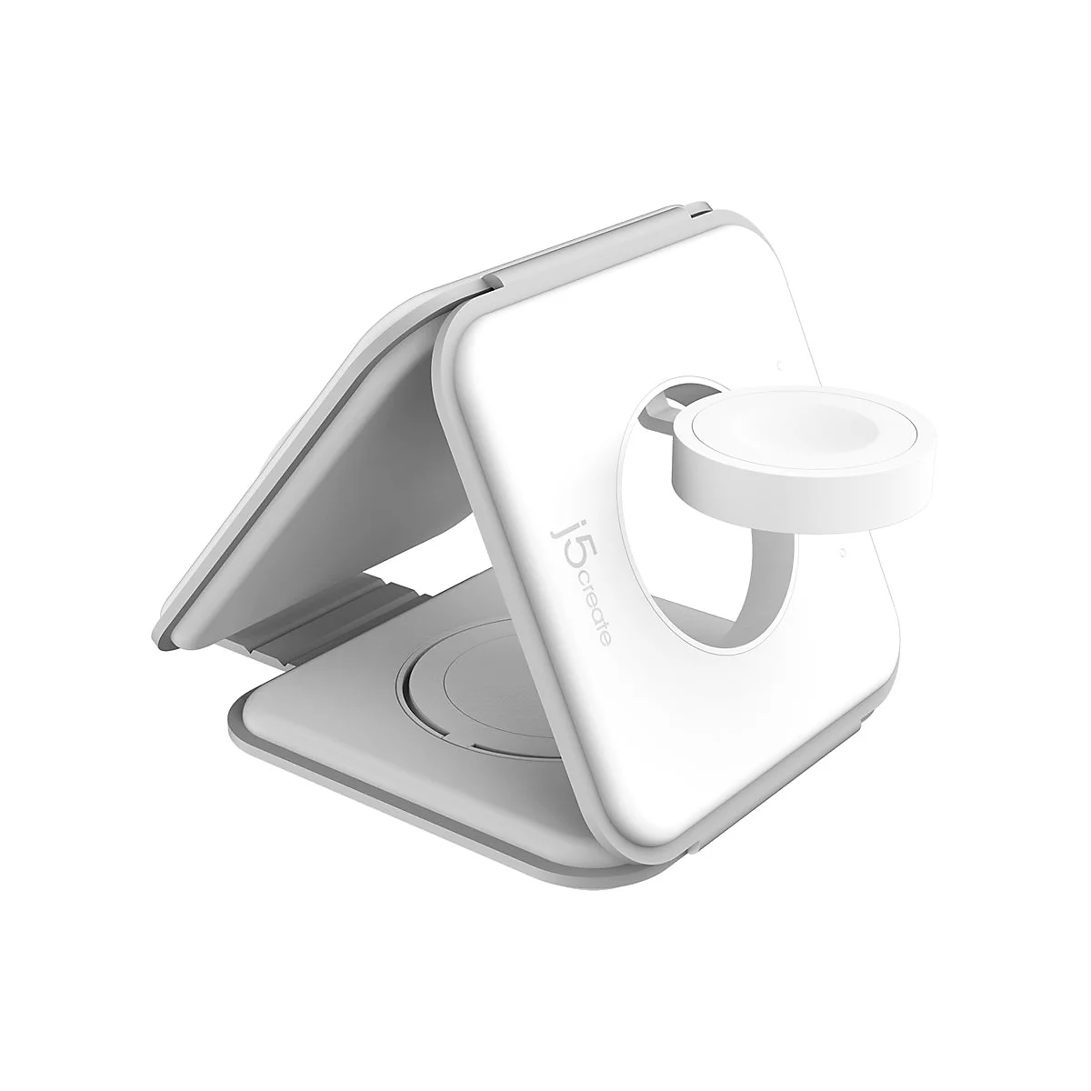 Weißes, zusammenklappbares Ladegerät für eine Smartwatch. Es hat einen Ständer mit der Aufschrift j5create.