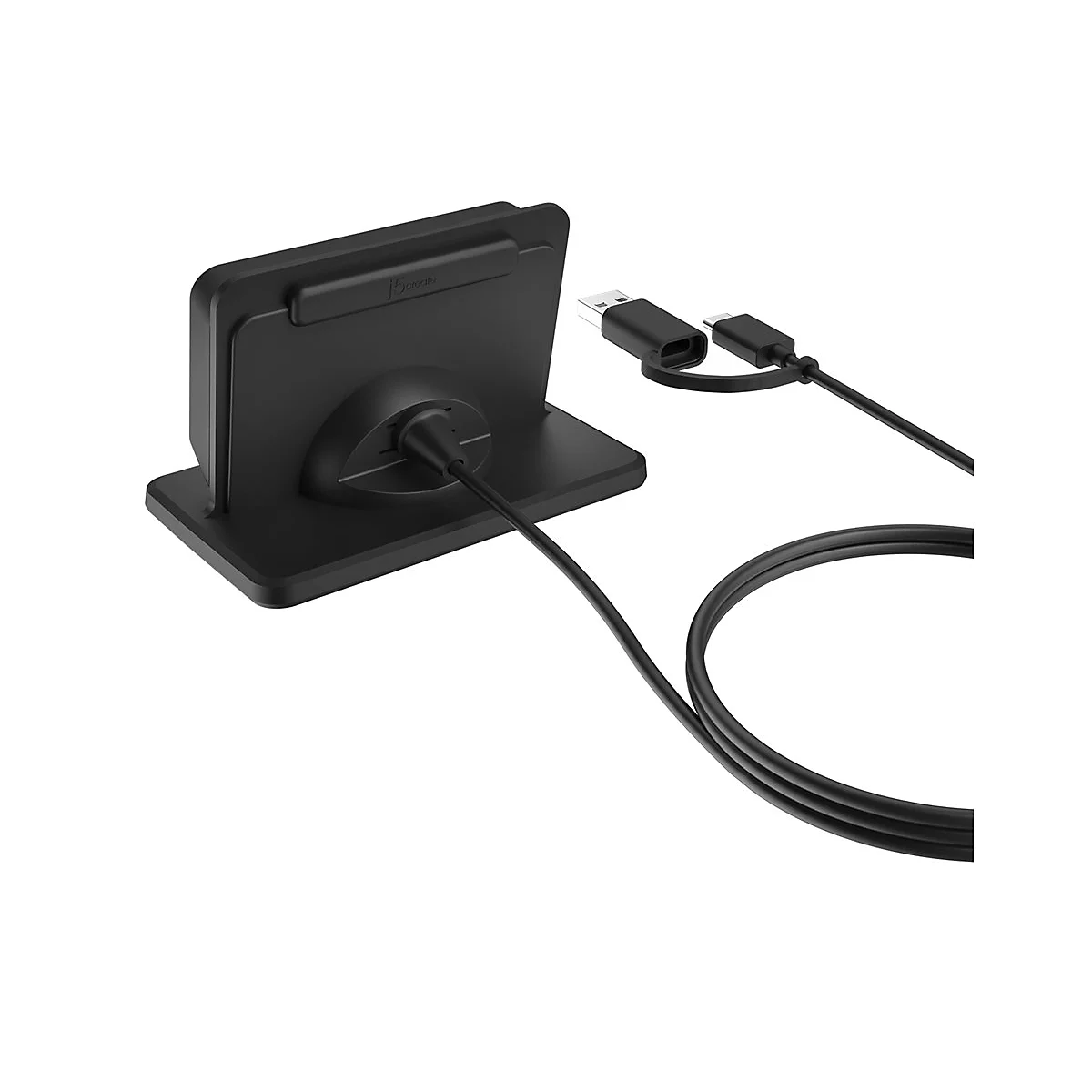 Schwarze Dockingstation mit USB- und USB-C-Kabeln. Das Logo "j5create" ist sichtbar.