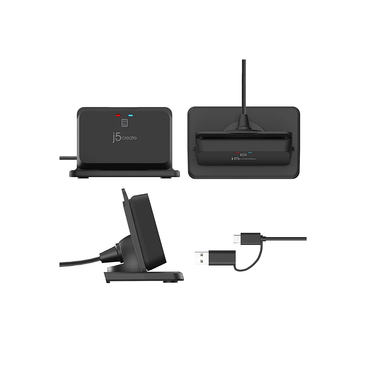 Mehrere Ansichten eines schwarzen Kartenlesegeräts mit Logo. Verschiedene Perspektiven und ein Kabel mit USB-C-Anschluss.