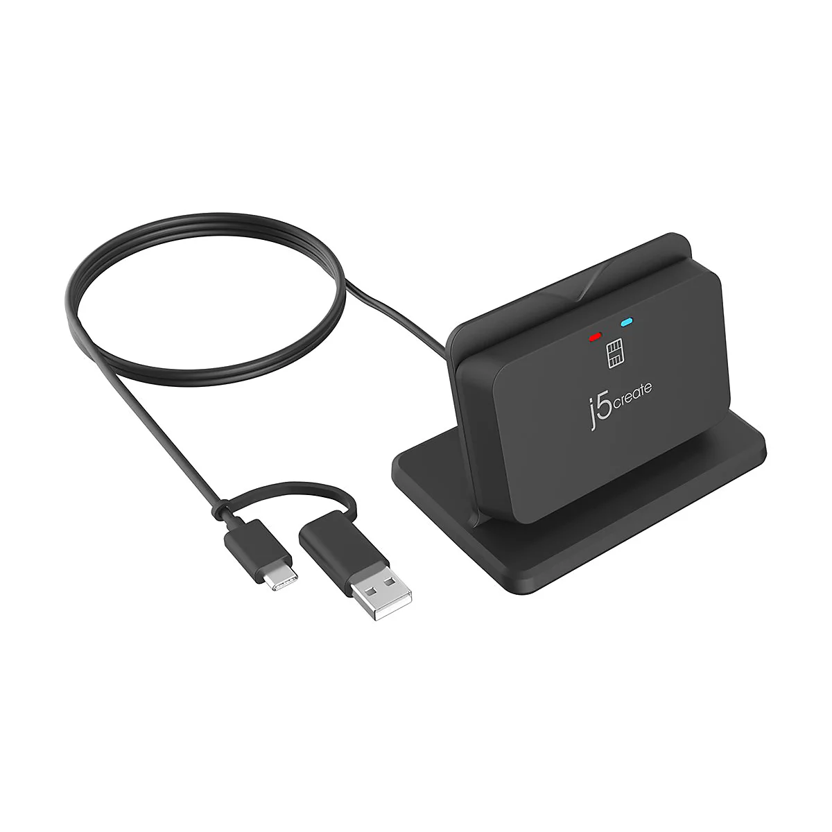 Schwarzes Ladegerät von j5create mit USB-C- und USB-A-Kabeln. Rote und blaue LED-Anzeigen, weißer Schriftzug.