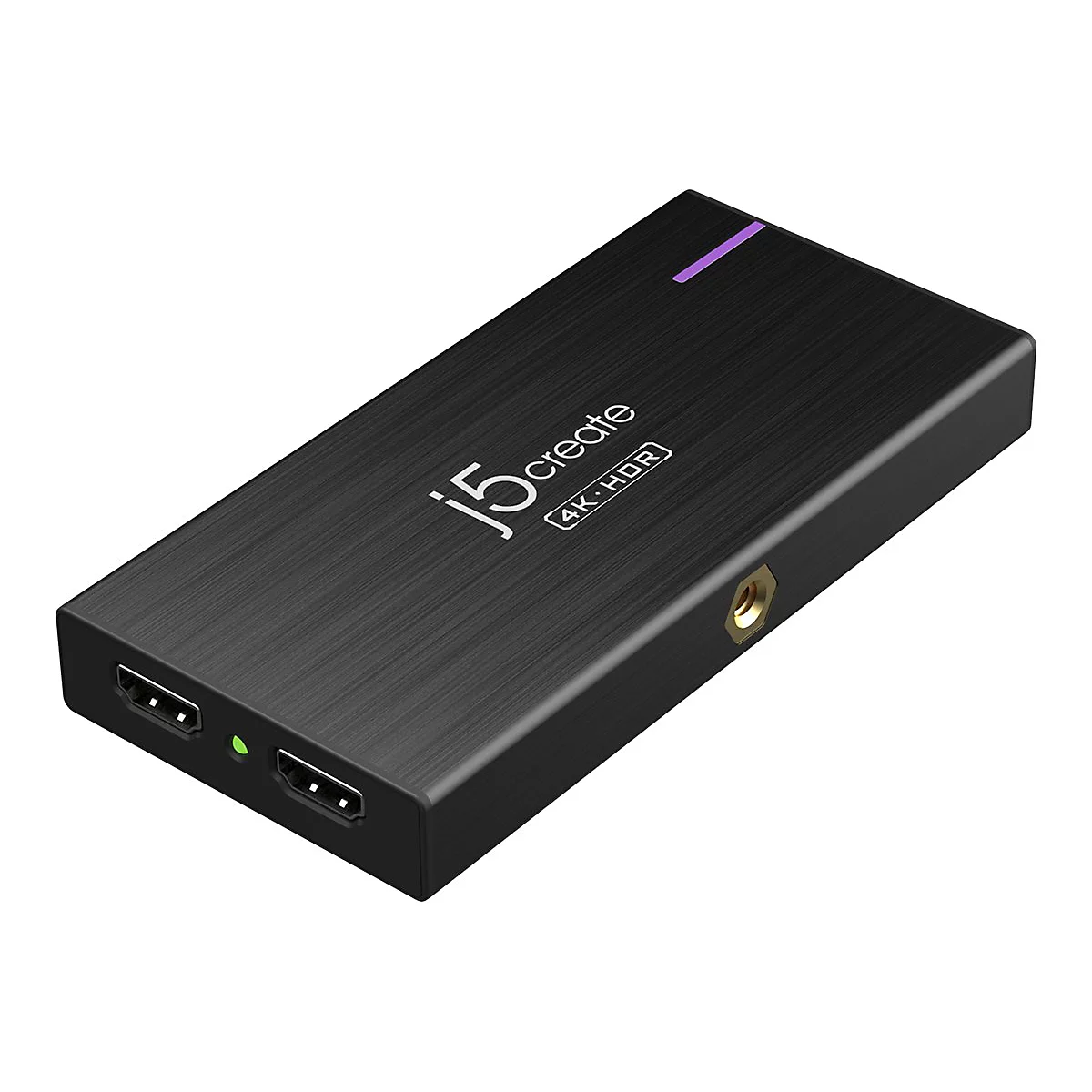 Schwarzer Adapter mit HDMI-Anschlüssen. Aufschrift: j5create, 4K HDR.