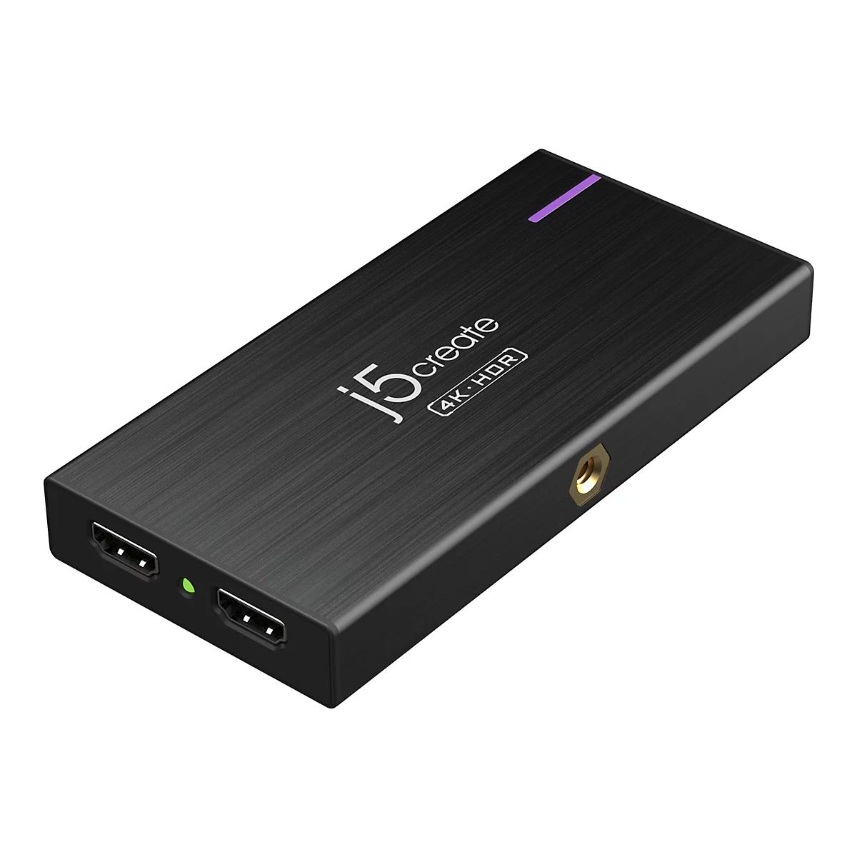 Schwarzer HDMI-Adapter mit Logo, 4K HDR-Schriftzug und lila Linie.