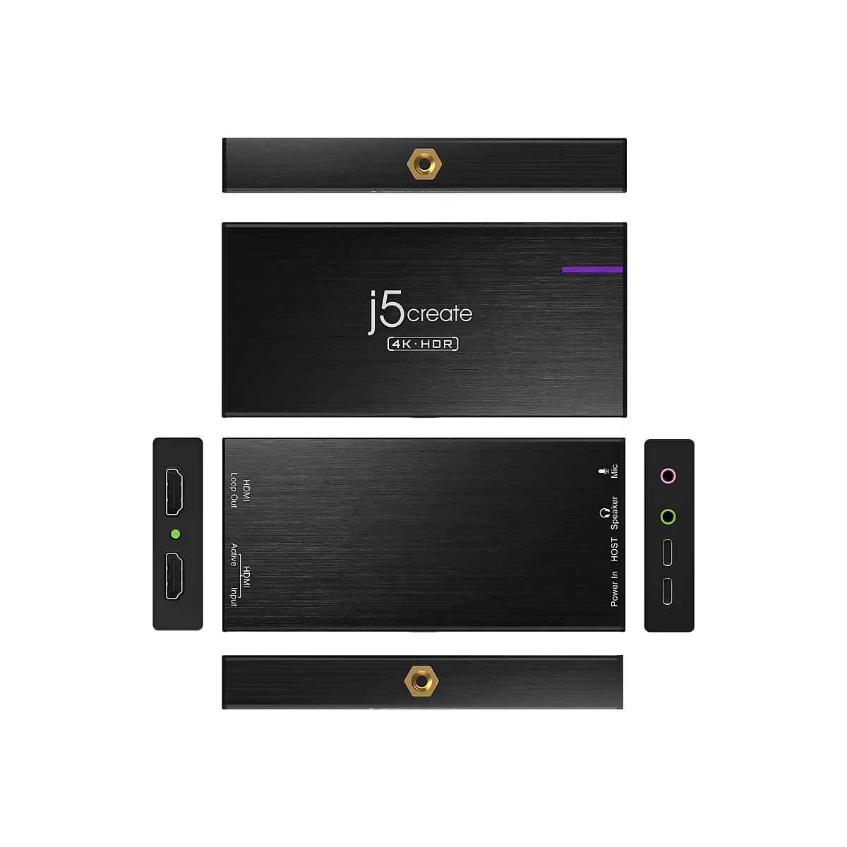 Schwarzes Produkt, oben und unten mit goldenen Anschlüssen. Der Schriftzug "j5create 4K HDR" ist auf der Vorderseite zu sehen. Seitlich Anschlüsse: HDMI, Mic, Speaker.