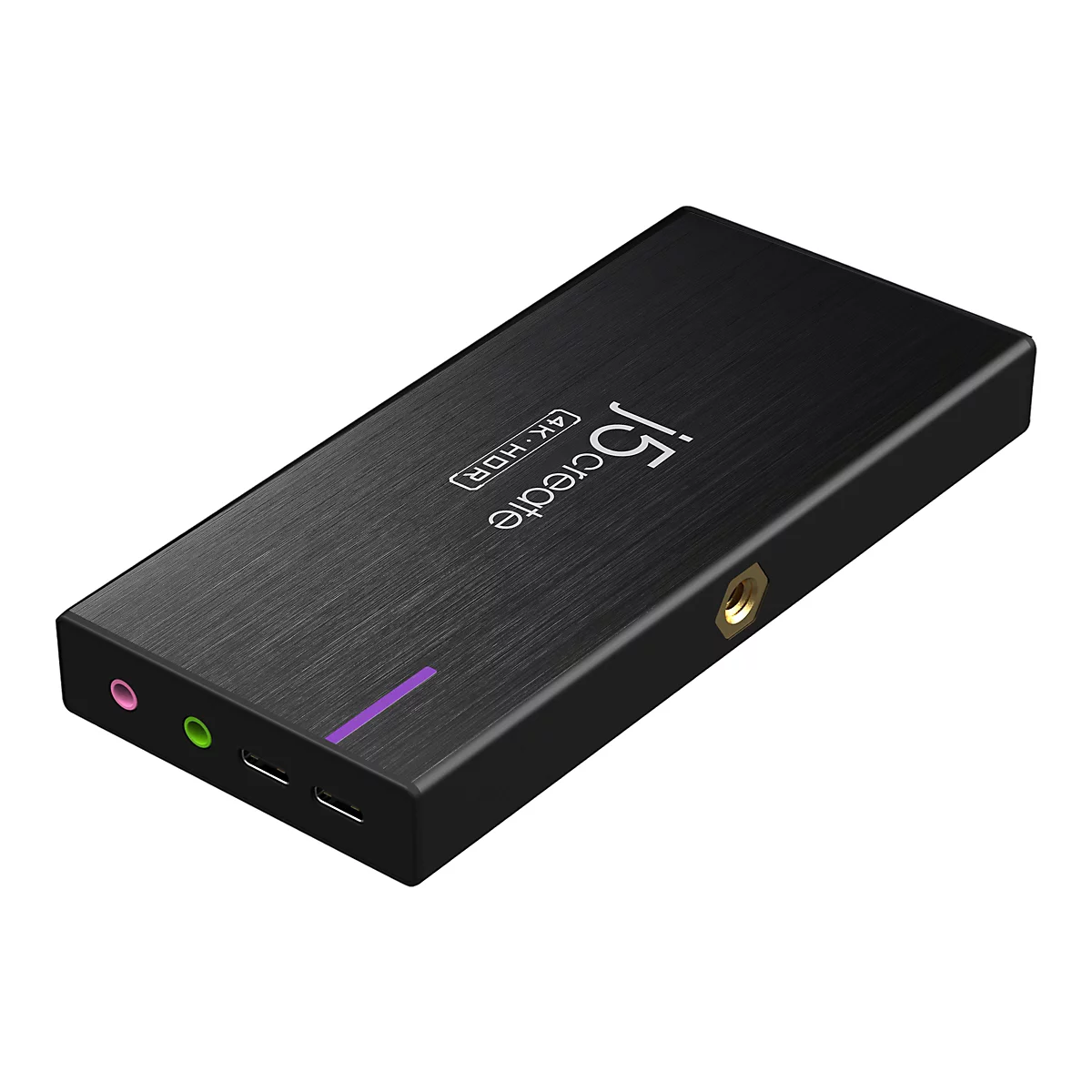 Schwarzes rechteckiges Gerät mit abgerundeten Kanten. Auf der Oberseite steht 'j5create' und '4K HDR'. Es hat Anschlüsse für Audio und USB.