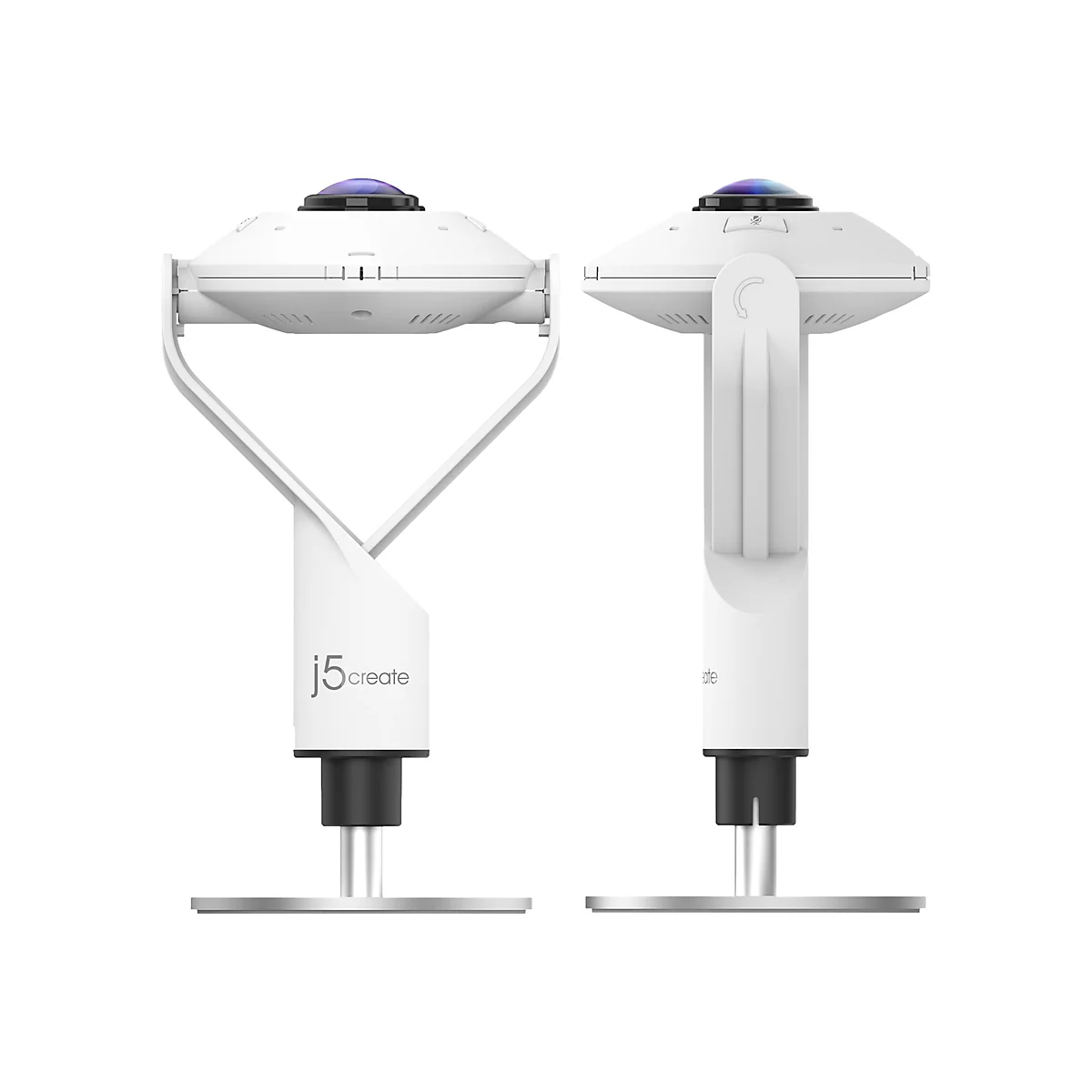 Deux caméras blanches avec des lentilles en dôme. Une caméra est de côté, l'autre de face.