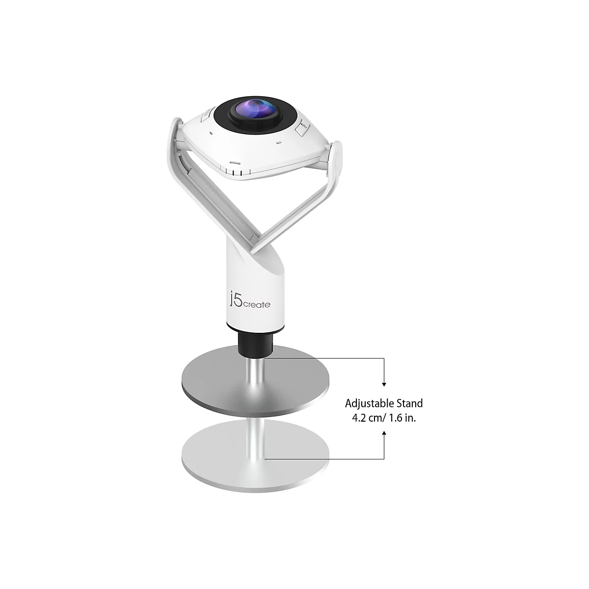 Eine weiße, runde Überwachungskamera auf einem verstellbaren, silberfarbenen Ständer. Der Text lautet: Verstellbarer Ständer, 4,2 cm/1,6 Zoll.