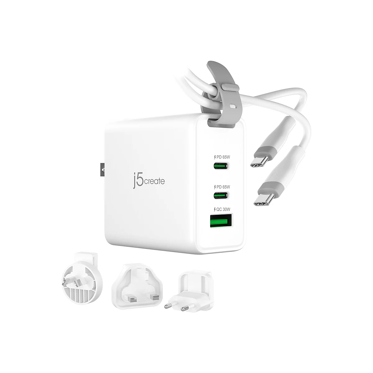 Weißes Ladegerät mit Kabeln und austauschbaren Steckern. Das Ladegerät hat mehrere Anschlüsse für PD 65W und QC 30W.