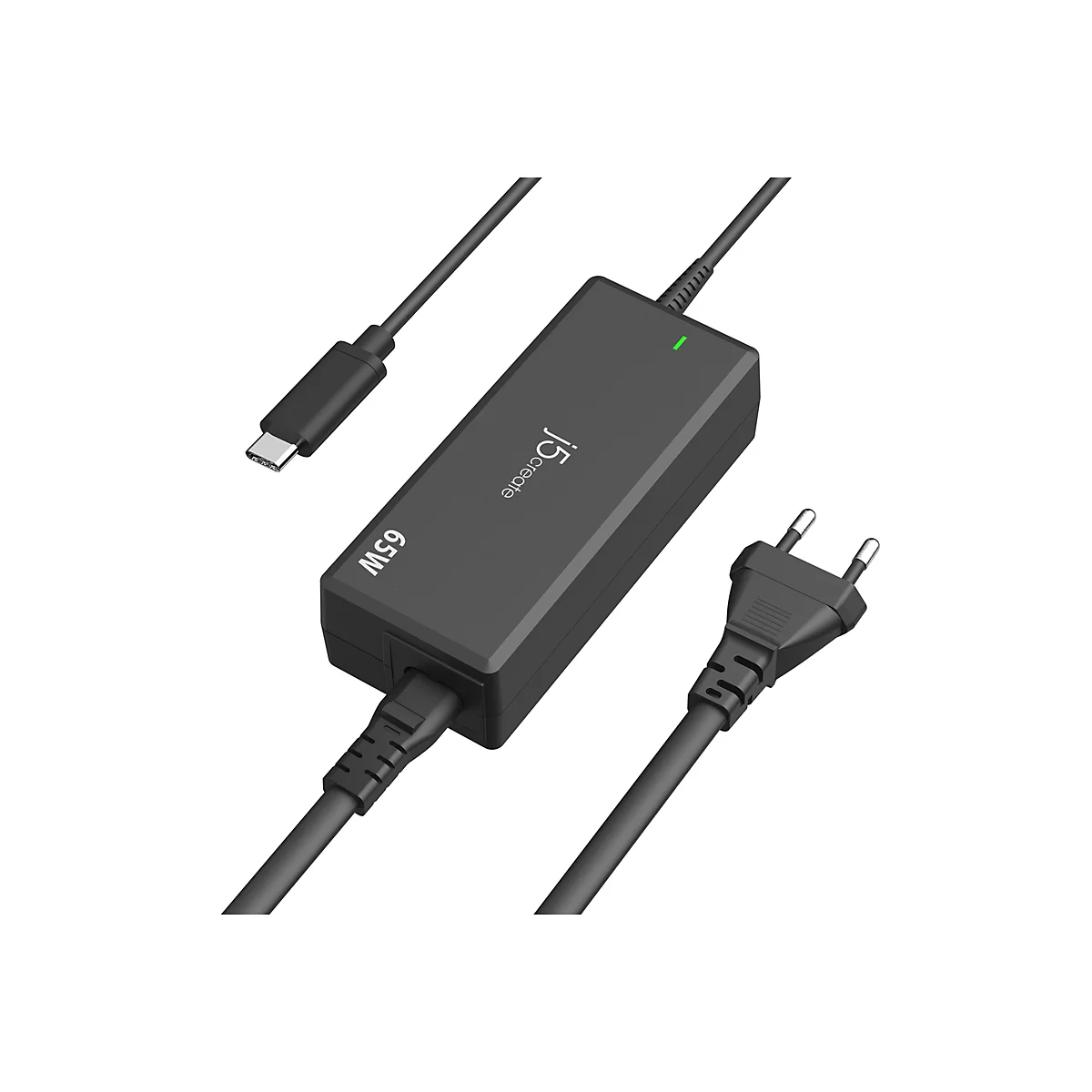 Ein schwarzes Netzteil mit einem USB-C-Anschluss, einem europäischen Stecker und der Aufschrift "65W".