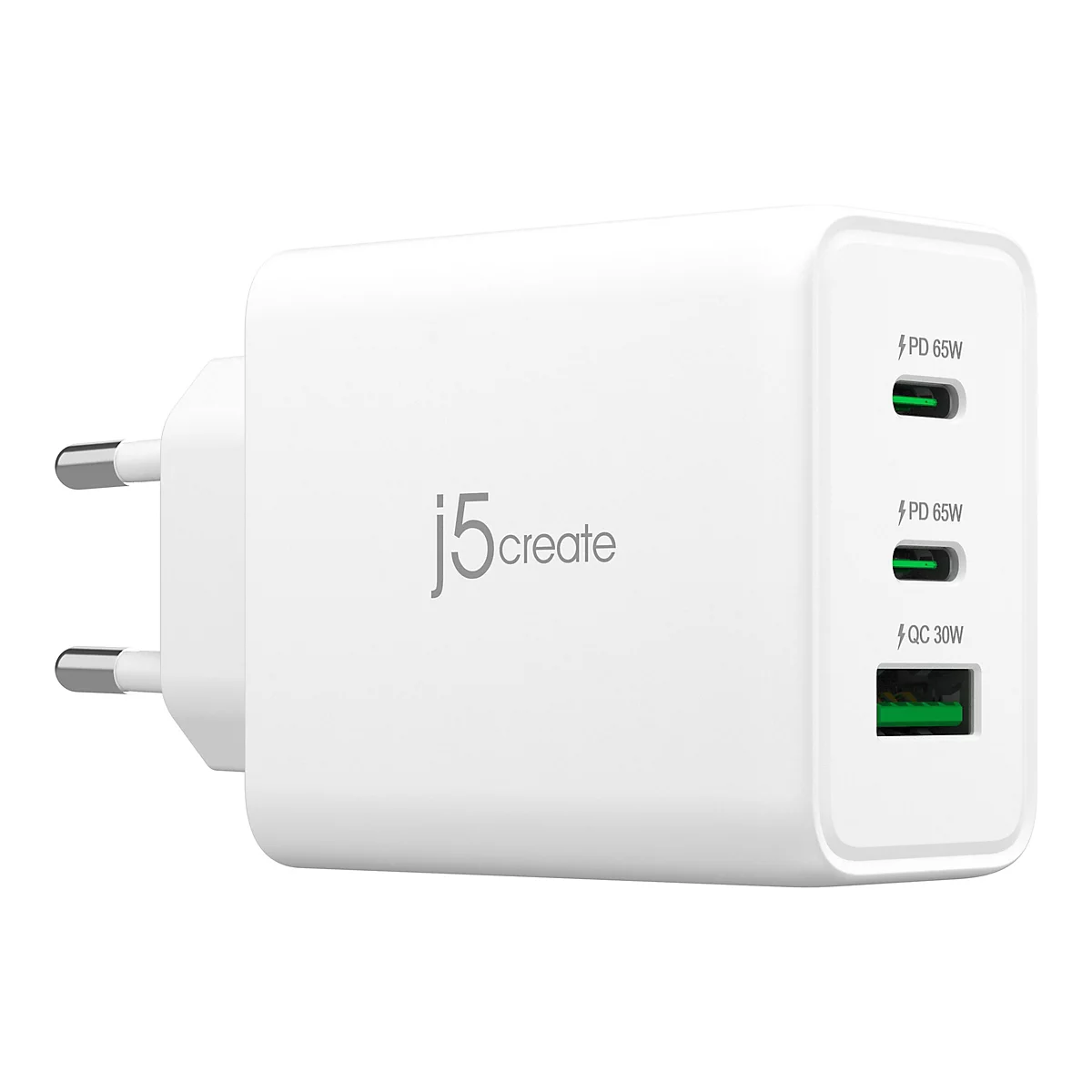 Weißes USB-Ladegerät, EU-Stecker, drei Anschlüsse mit grünen Anzeigen, PD 65W und QC 30W.