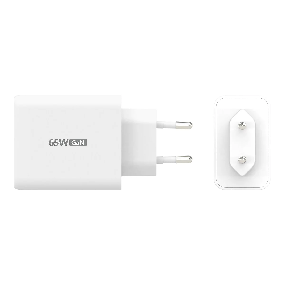 Ein weißes 65W GaN Ladegerät mit Steckern und Rückseite auf weißem Hintergrund.