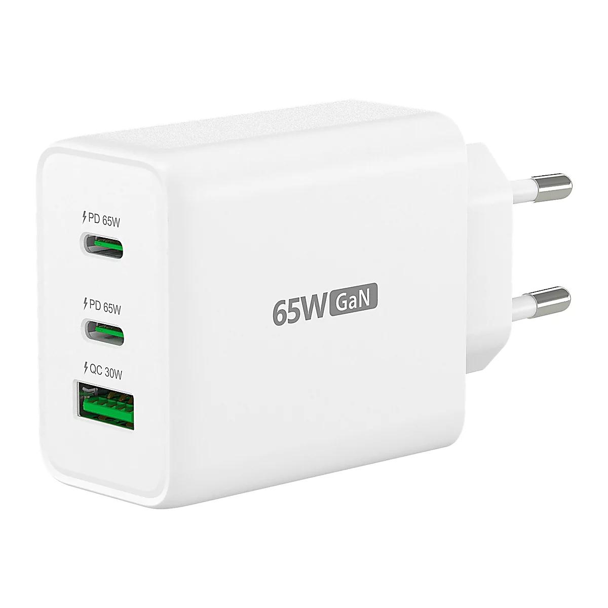 Weißes Ladegerät mit drei Anschlüssen, 65W GaN. Zwei PD 65W Anschlüsse, ein QC 30W Anschluss. Stecker für europäische Steckdose.