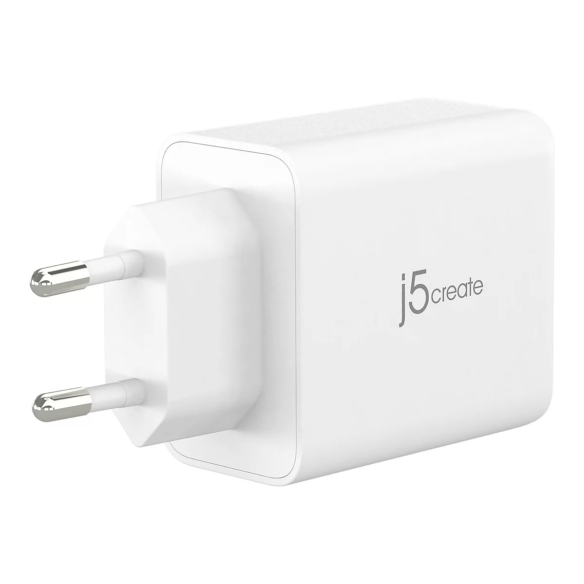 Weißes Netzteil mit Stecker, abgerundete Ecken und j5create-Logo.