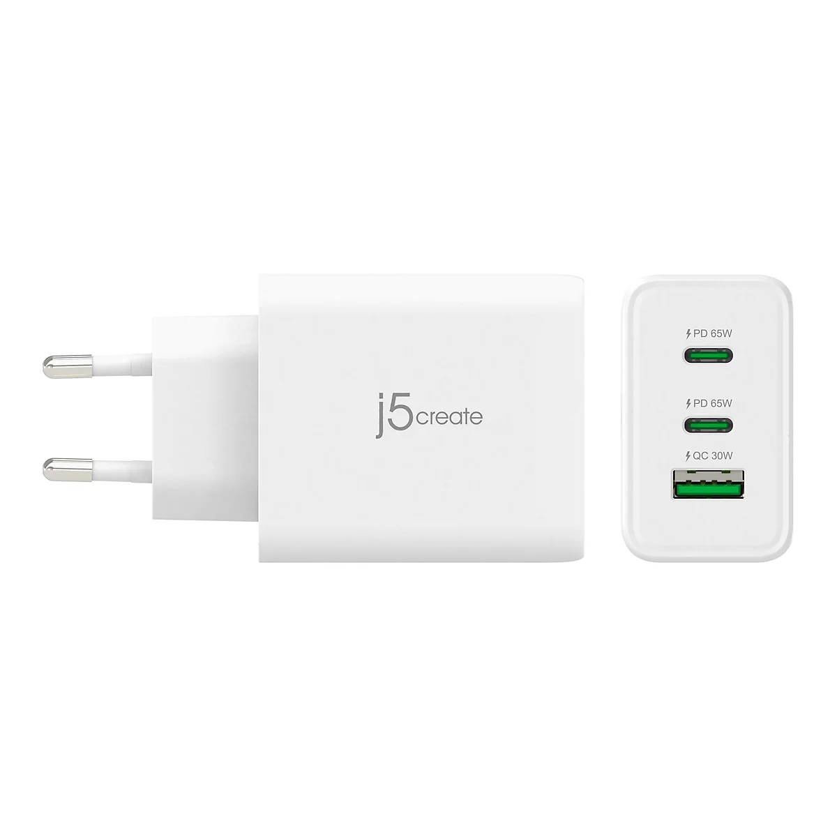 Weißes Ladegerät mit EU-Stecker und drei USB-Anschlüssen. Aufschrift: j5create, PD 65W, QC 30W.