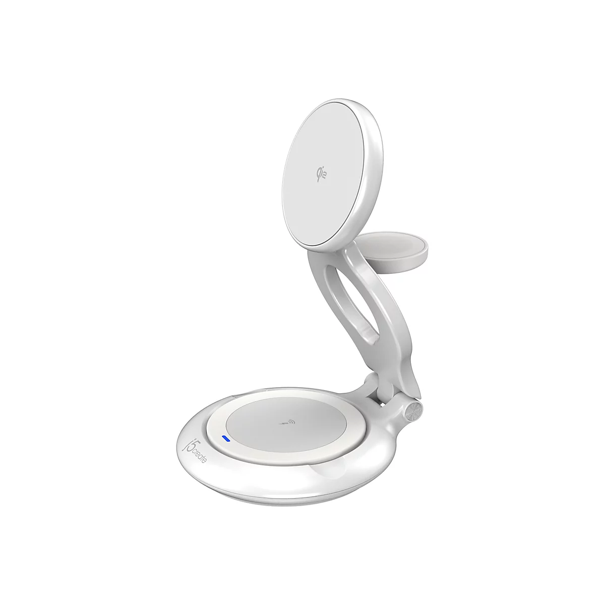 Chargeur sans fil blanc avec bras réglable et surface de chargement ronde. Au-dessus se trouve une zone ronde pour un autre appareil.