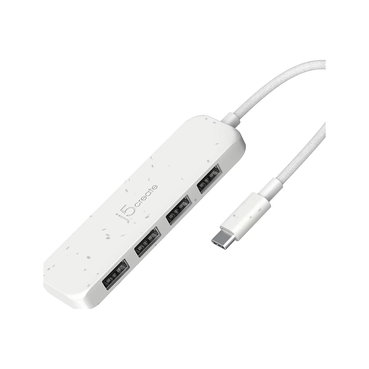 Un hub USB-C blanc avec plusieurs ports. Le hub porte la marque "j5create" et a une surface claire et marbrée. Un câble avec un connecteur USB-C est connecté.