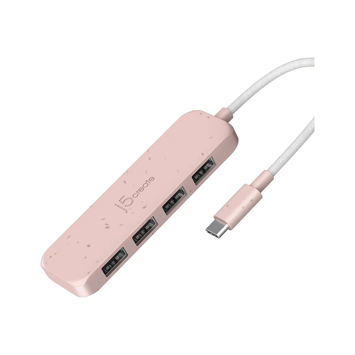 Un hub USB-C rose avec quatre ports et un câble blanc. Le hub porte le logo "j5create".