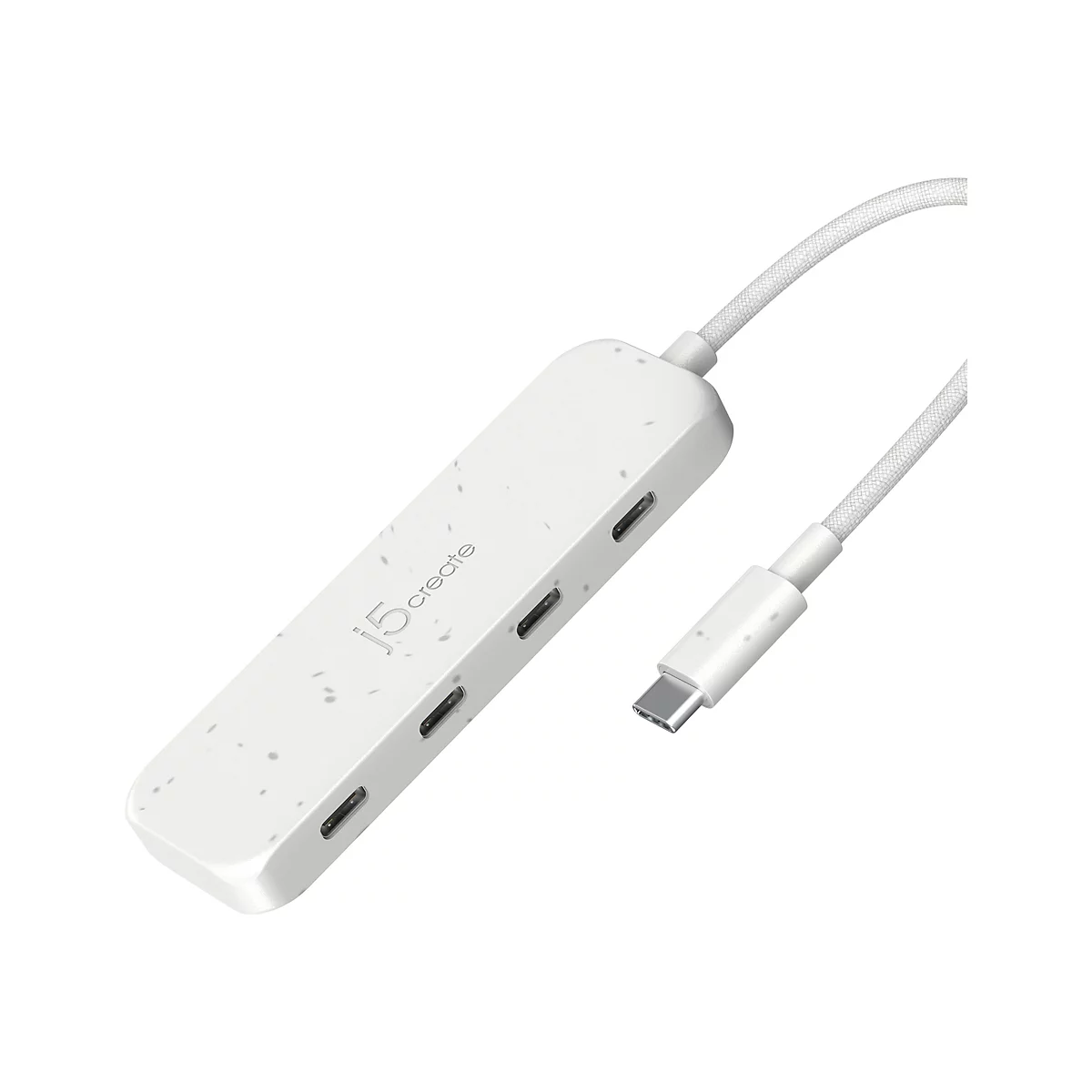 Hub USB-C blanc avec plusieurs ports. Le hub est étiqueté avec "j5 create" et a une finition texturée.