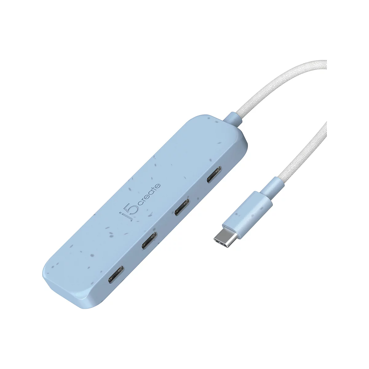 Hub USB-C bleu clair avec plusieurs ports et un câble tressé gris. "j5create" est imprimé sur le hub.