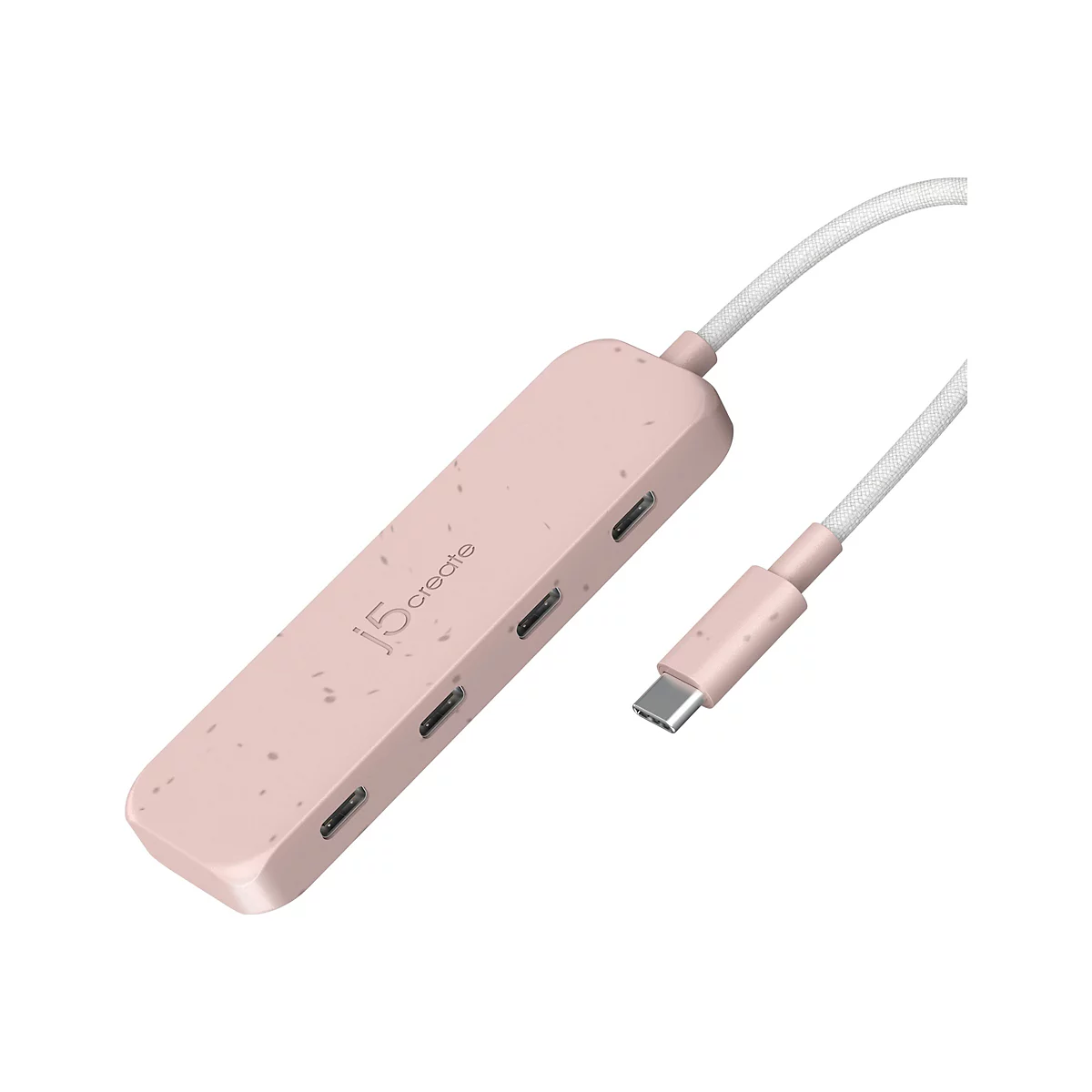Hub USB-C rose à plusieurs ports, connecté à un câble et un connecteur tressé blanc, sur fond blanc.