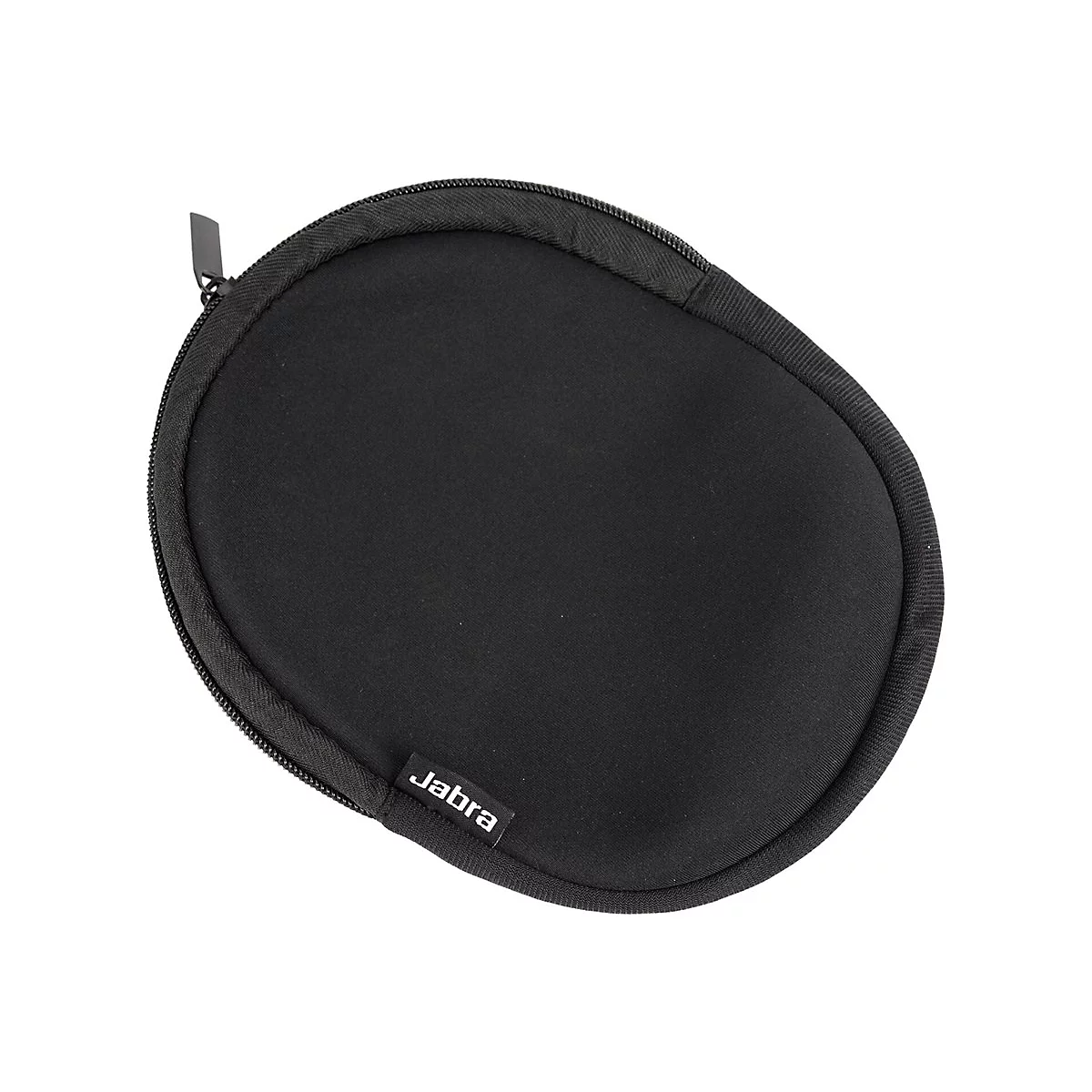 Étui noir ovale pour casque Jabra avec fermeture éclair, logo blanc et fond blanc.