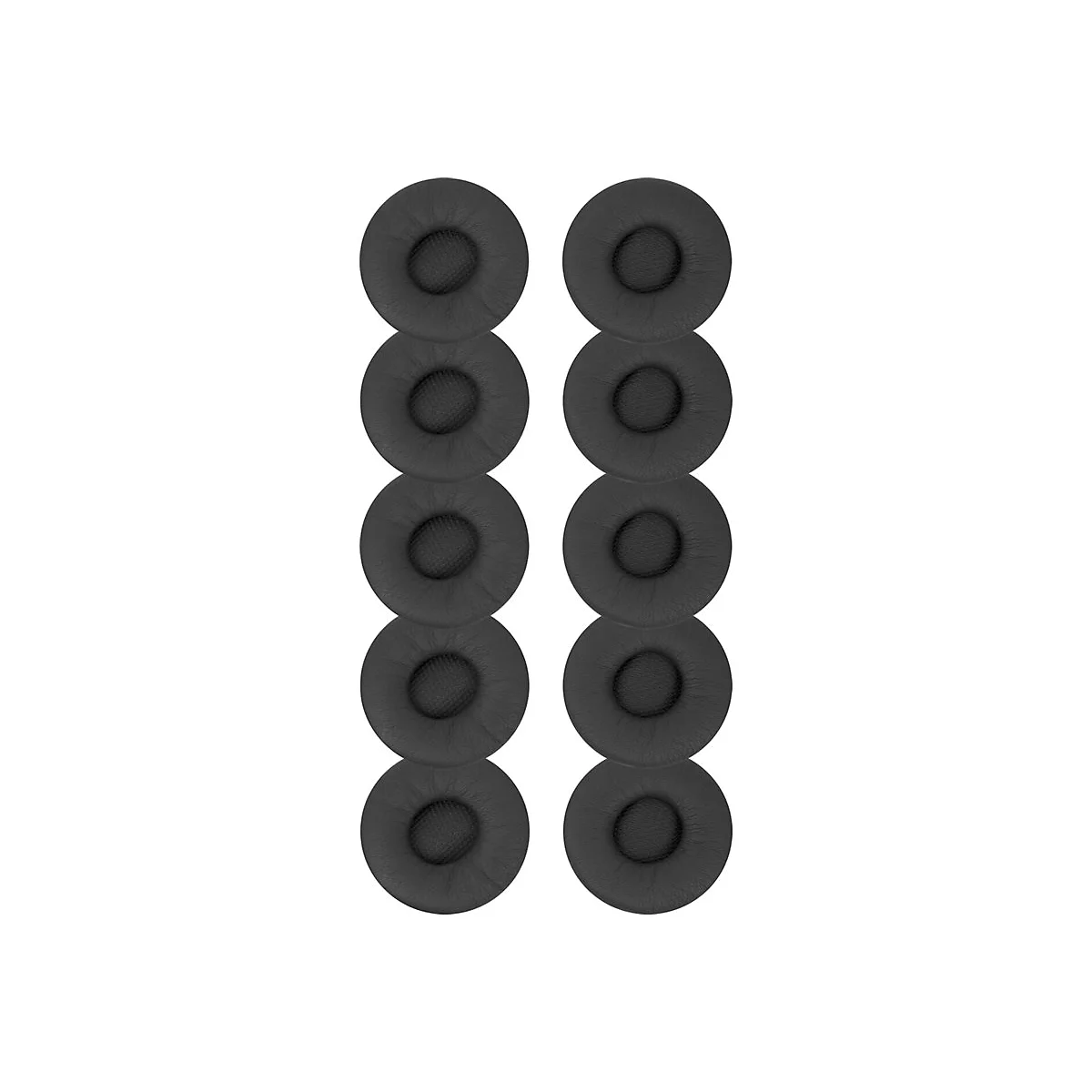Dix coussinets d'oreille noirs disposés en deux rangées, sur fond blanc.