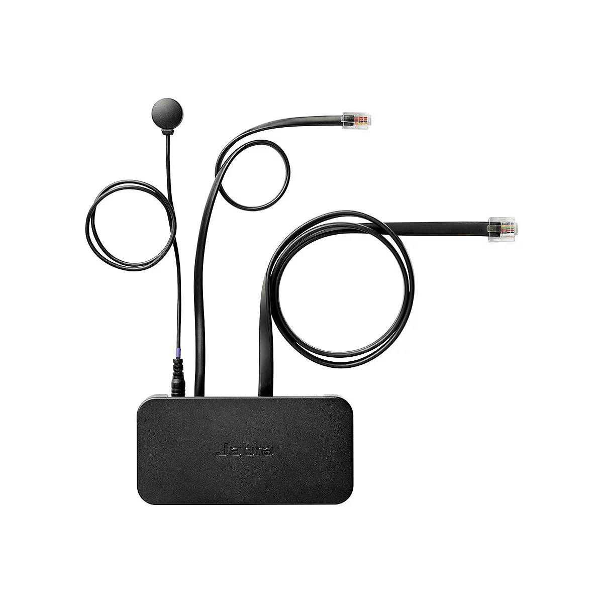 Appareil Jabra noir avec microphone, câbles et prises. Texte 'Jabra'.