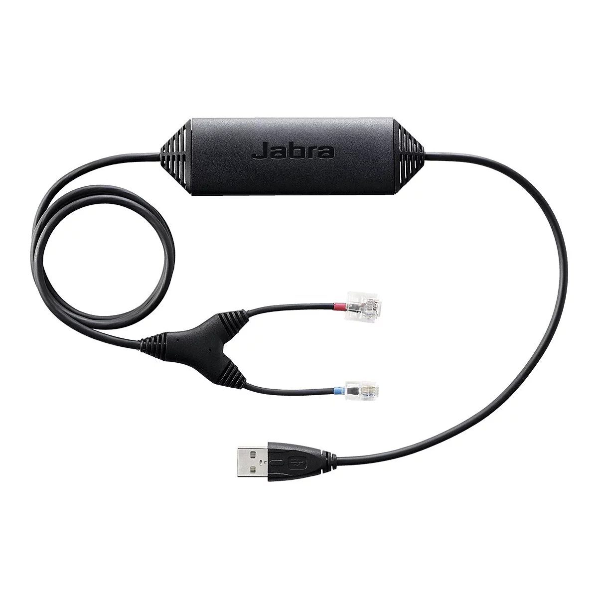 Câble Jabra noir, connecteur USB, deux connecteurs téléphoniques et unité de contrôle, le tout sur fond blanc.