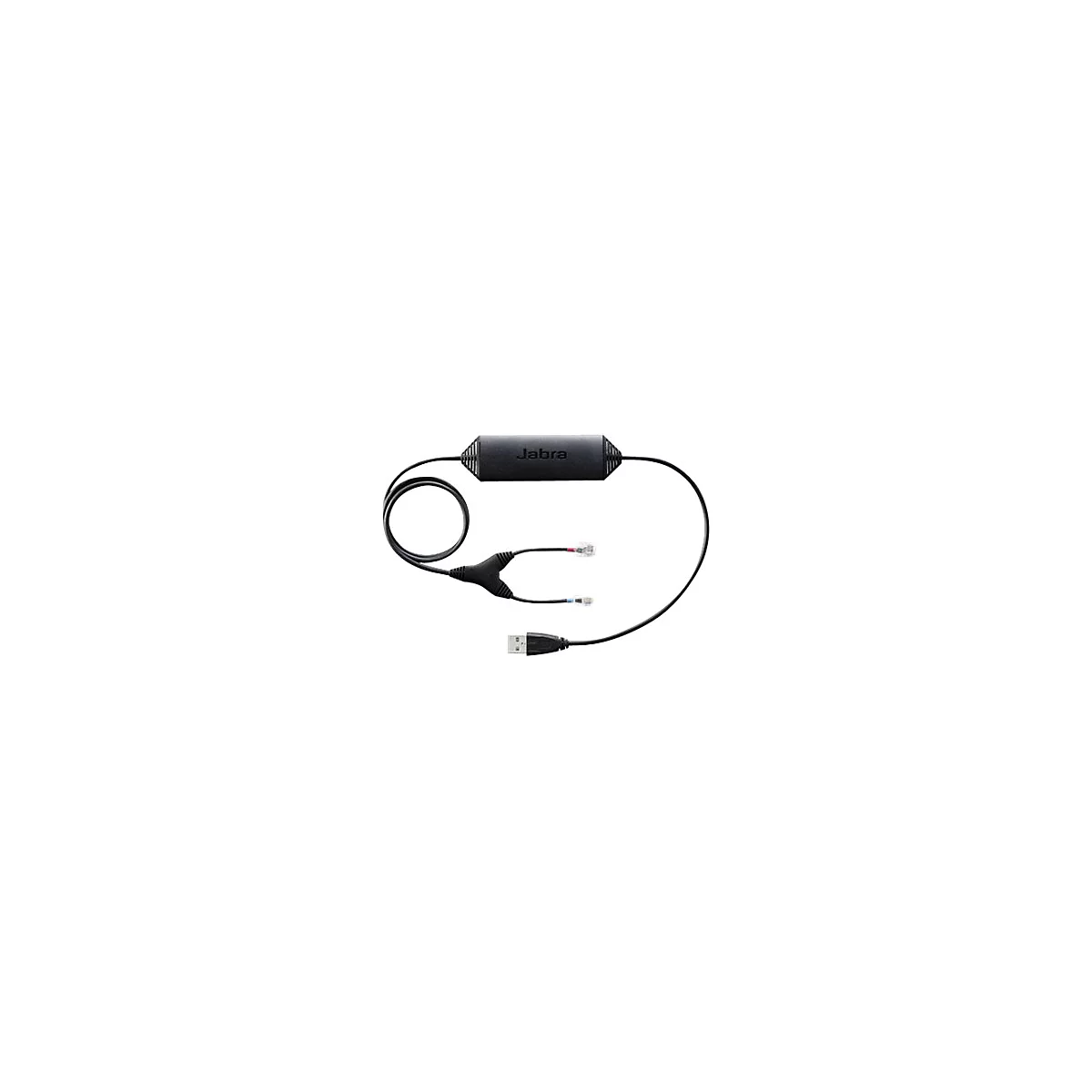 Un câble Jabra noir, avec connecteur USB, deux fiches téléphoniques et un boîtier central avec lettrage Jabra.