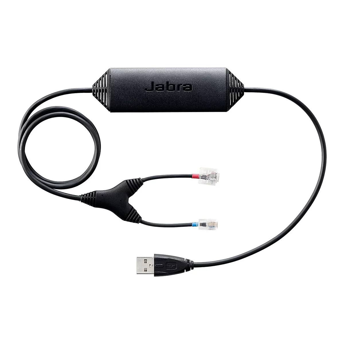 Câble Jabra noir avec connecteurs RJ9 et USB. La partie centrale porte l'inscription Jabra.
