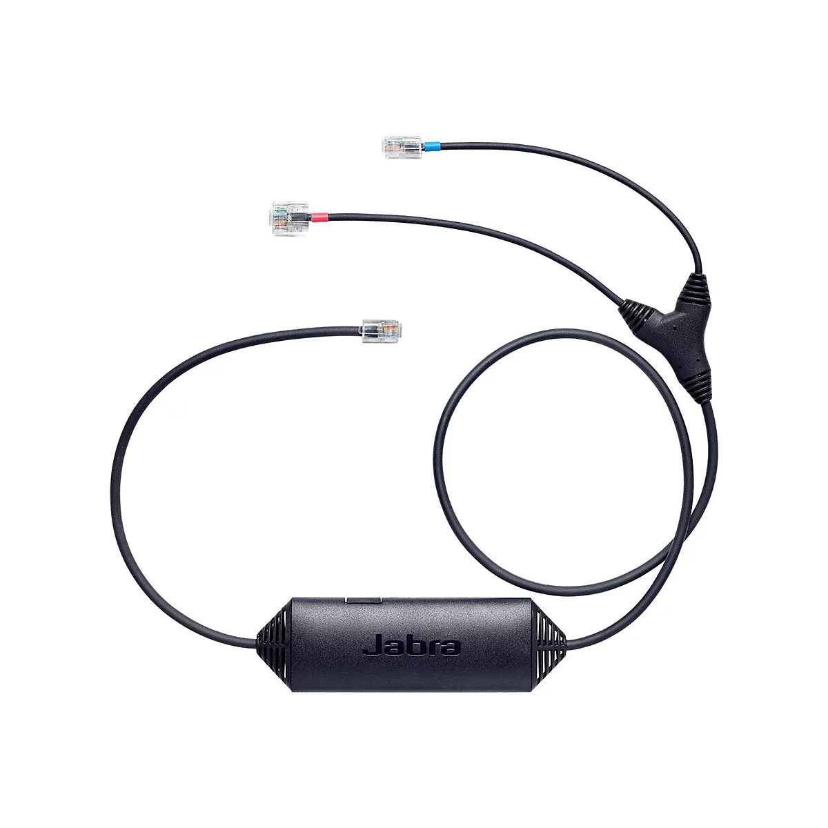 Câble Jabra noir avec trois connecteurs RJ-45. Jabra est écrit sur un boîtier.