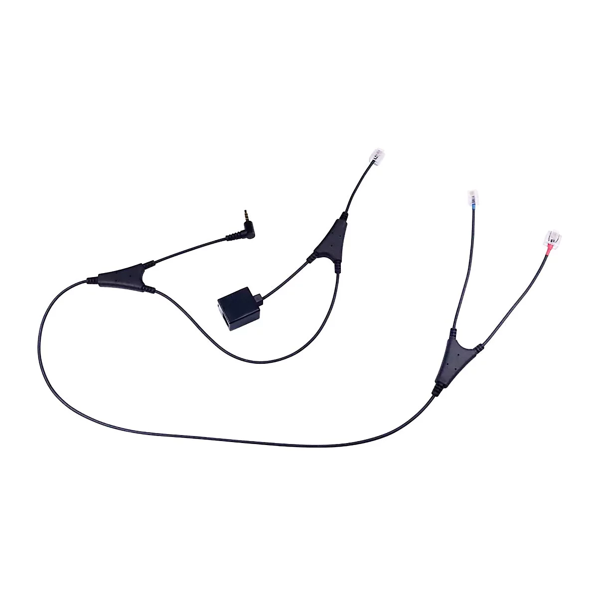 Câble adaptateur noir avec plusieurs connecteurs, prise jack, RJ-45 et fiche jack, sur fond blanc.