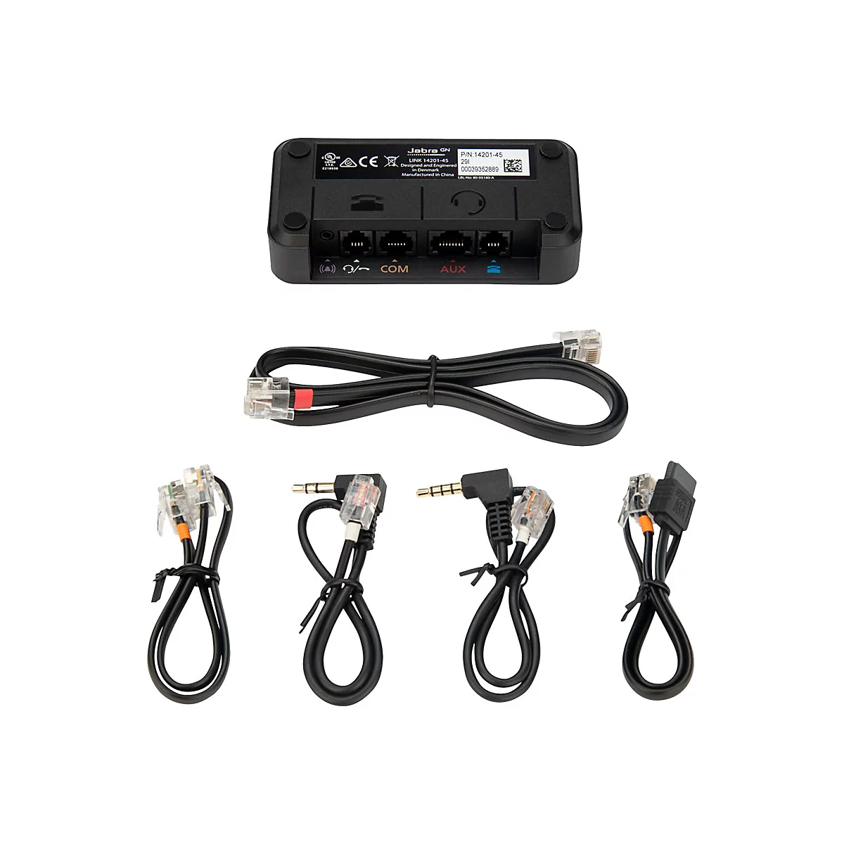 Appareil Jabra noir avec divers câbles et connecteurs, dont AUX et COM. Inscription: Jabra GN.