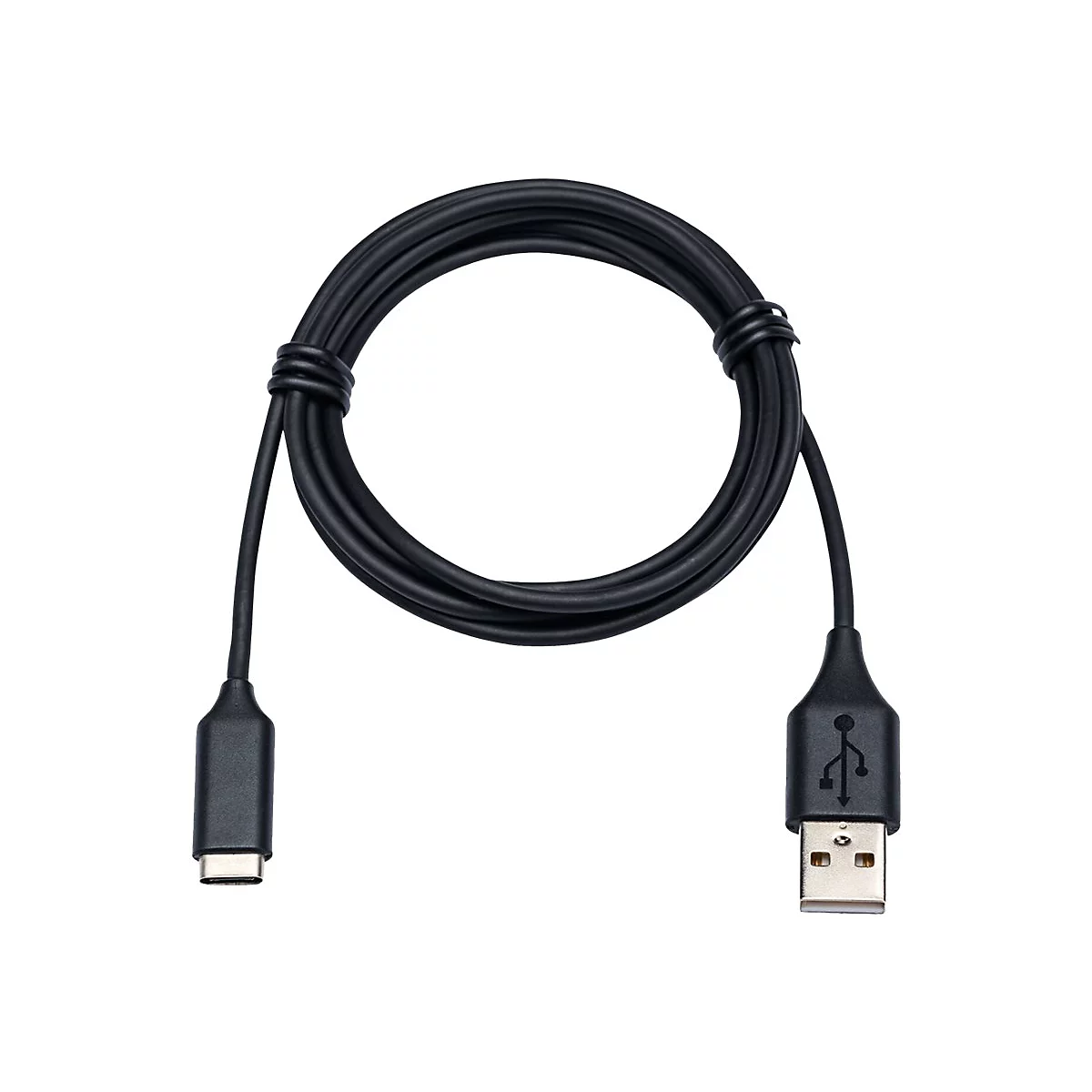Un câble USB-C noir menant à une connexion USB-A. Le câble est représenté sur un fond blanc.