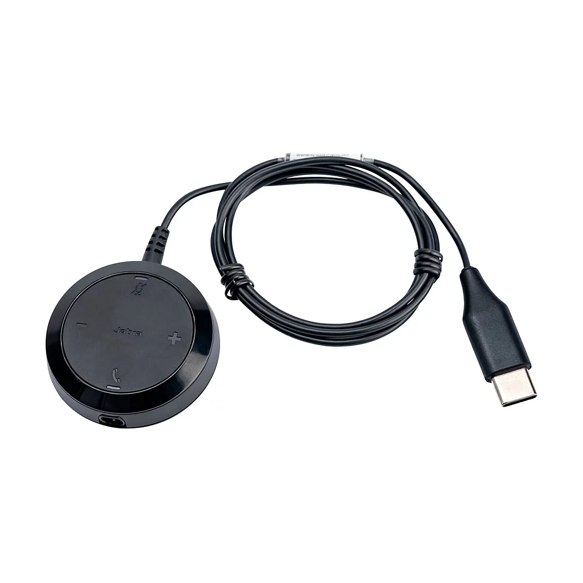 Appareil Jabra noir avec câble et connecteur USB-C. L'appareil dispose de boutons pour le volume, le mode silencieux et la prise d'appel.
