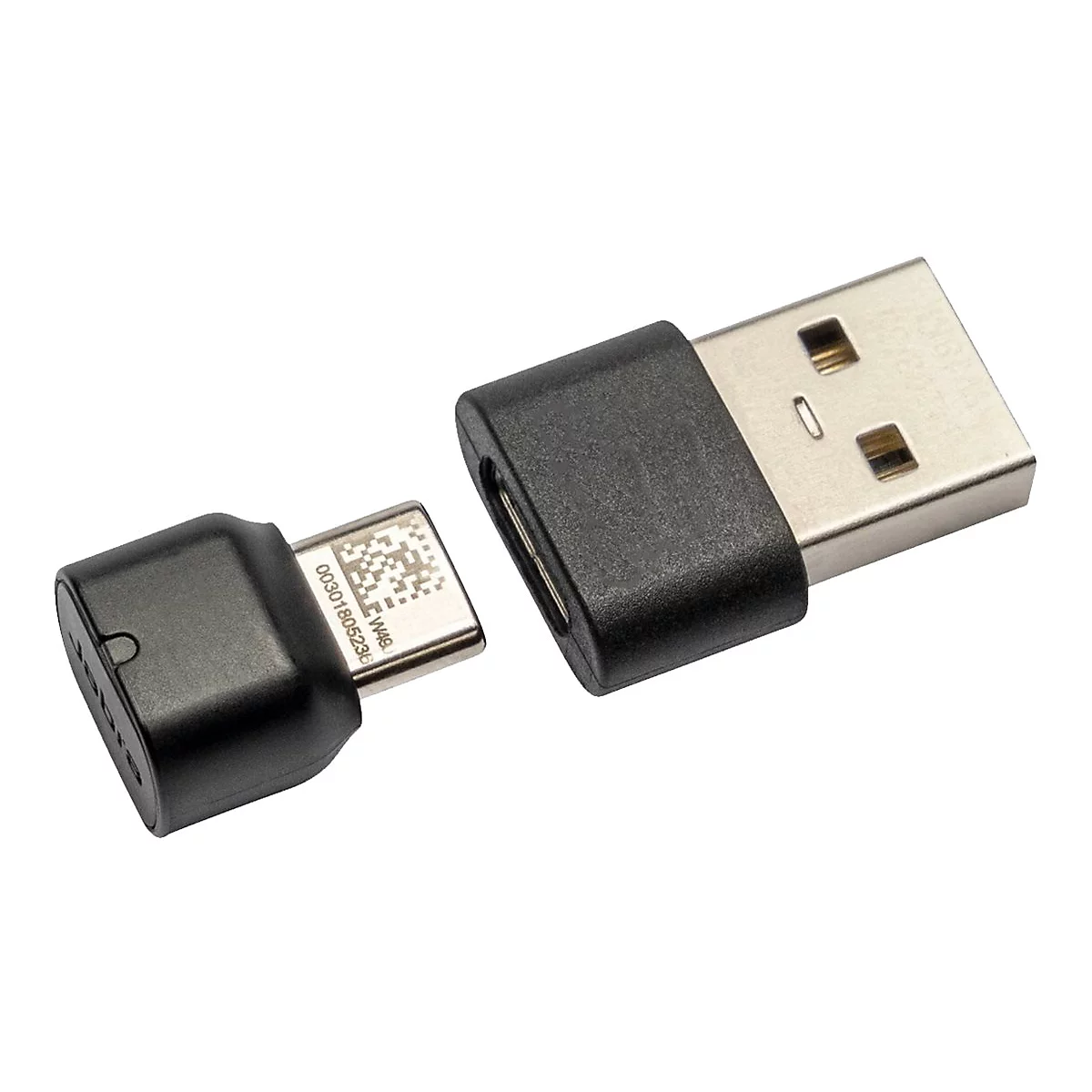 Adaptateur USB-C vers USB avec boîtier noir et connecteur USB argenté. L'adaptateur est détaché.