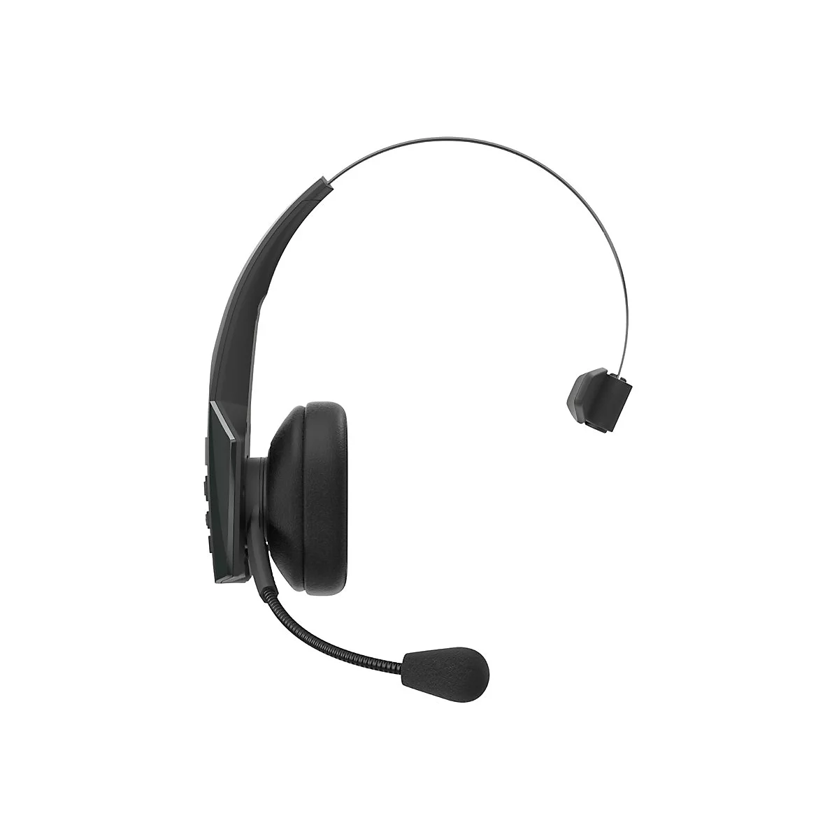 Casque noir avec microphone sur fond blanc.