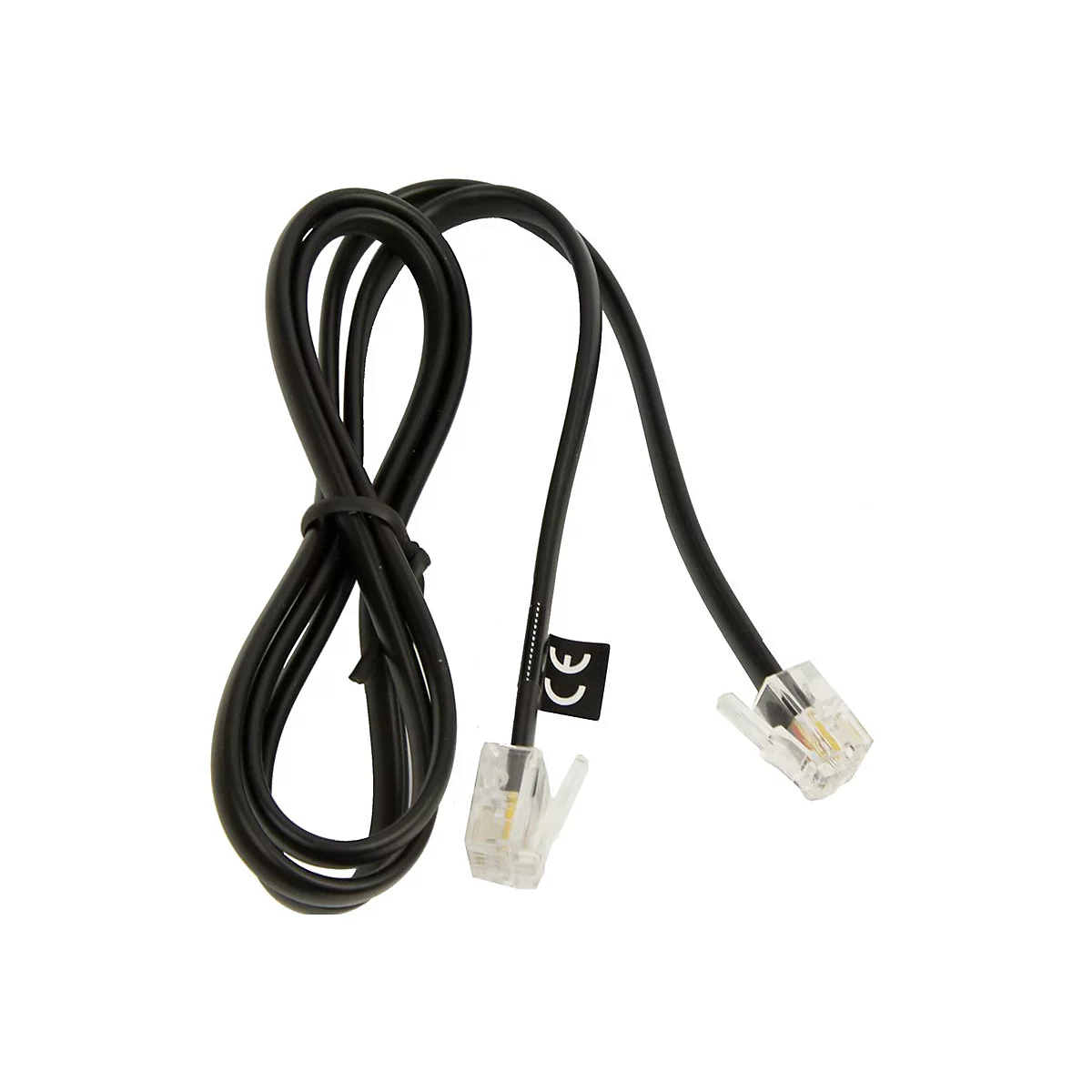 Un câble téléphonique noir avec deux connecteurs RJ11 transparents sur fond blanc.