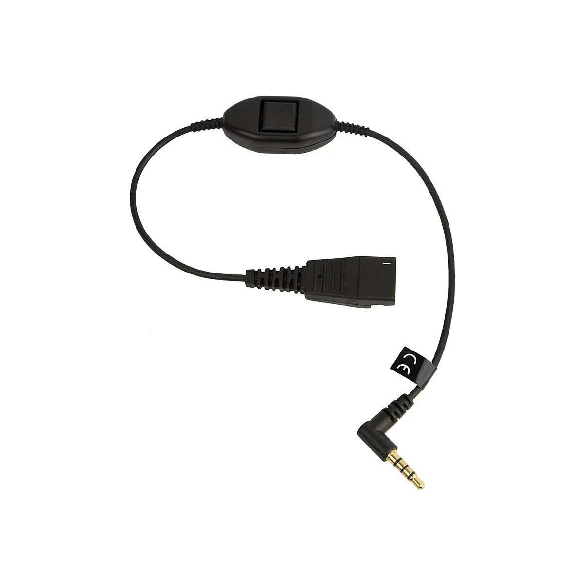 Accessoire de casque noir avec boîtier de commande, connecteur et prise.