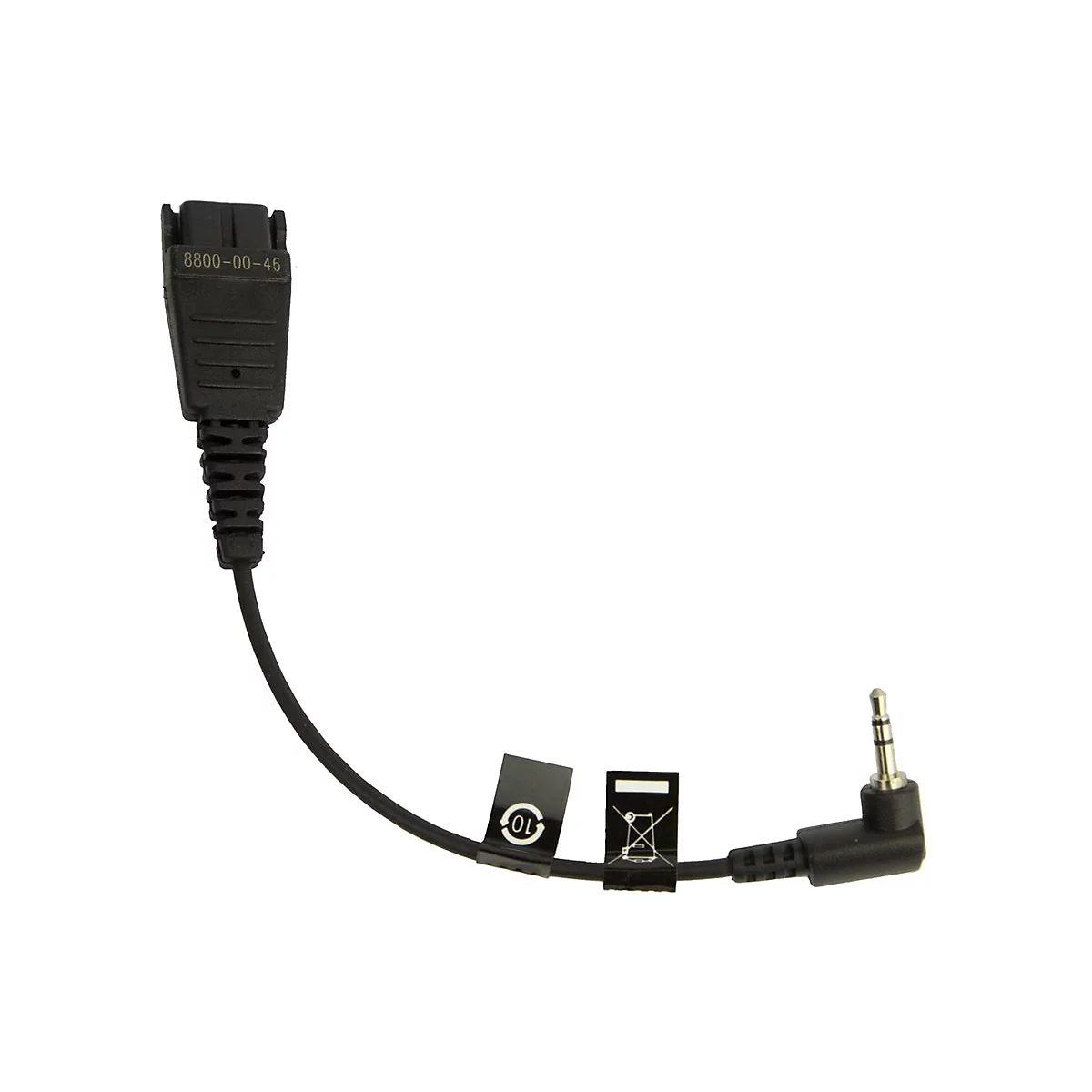 Un câble noir avec différents connecteurs. En haut, une prise rectangulaire avec l'inscription 8800-00-45. À l'autre extrémité, une prise jack de 3,5 mm.