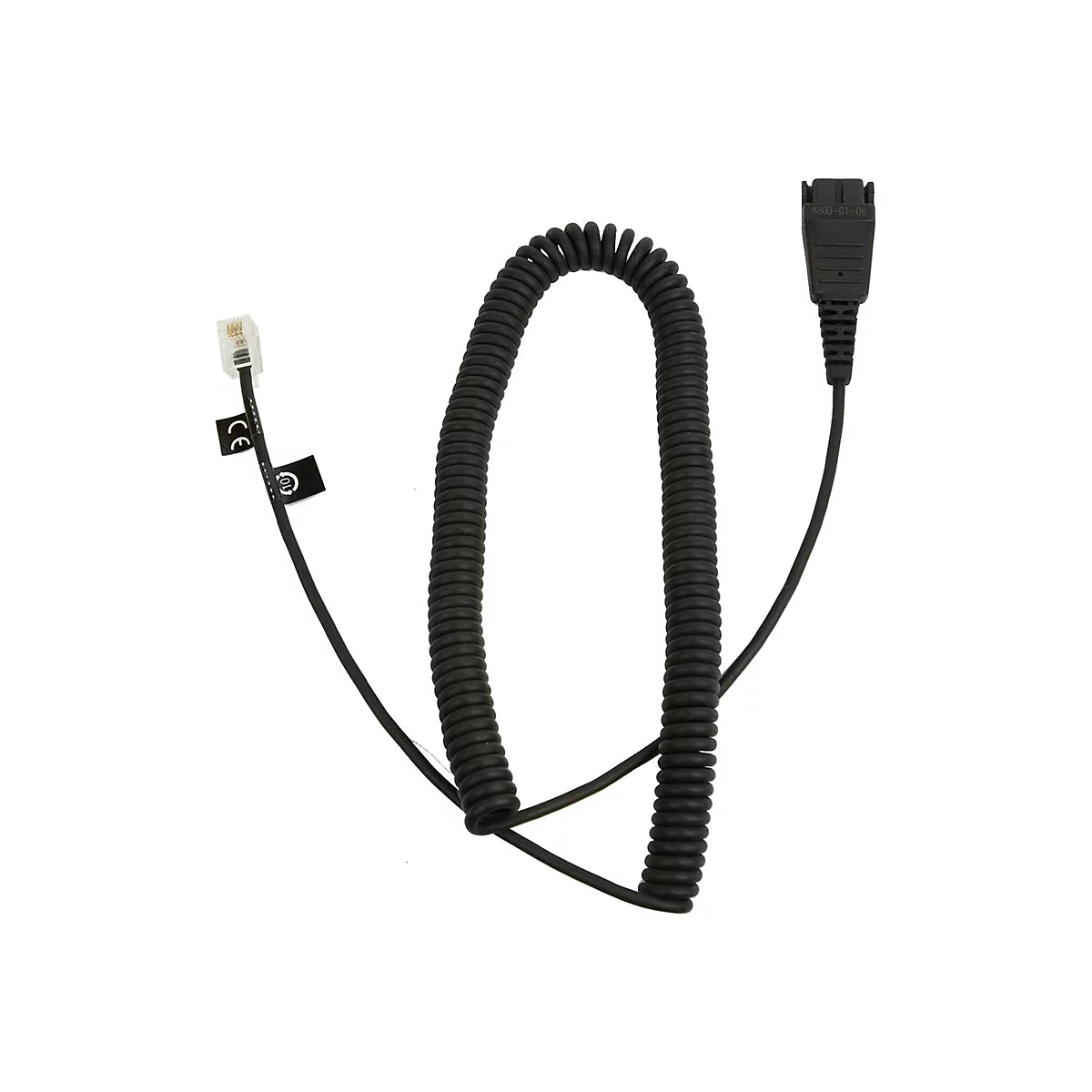Câble téléphonique noir avec deux connecteurs. L'un est un connecteur RJ9, l'autre un connecteur propriétaire.