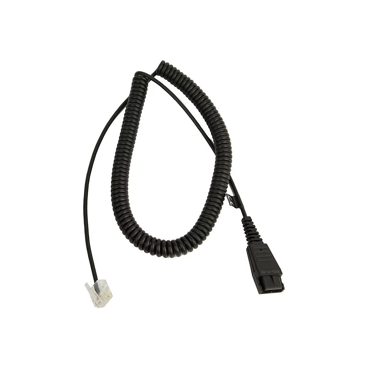 Un câble téléphonique noir avec une partie principale enroulée et deux connecteurs. L'un est carré, l'autre est rectangulaire transparent.