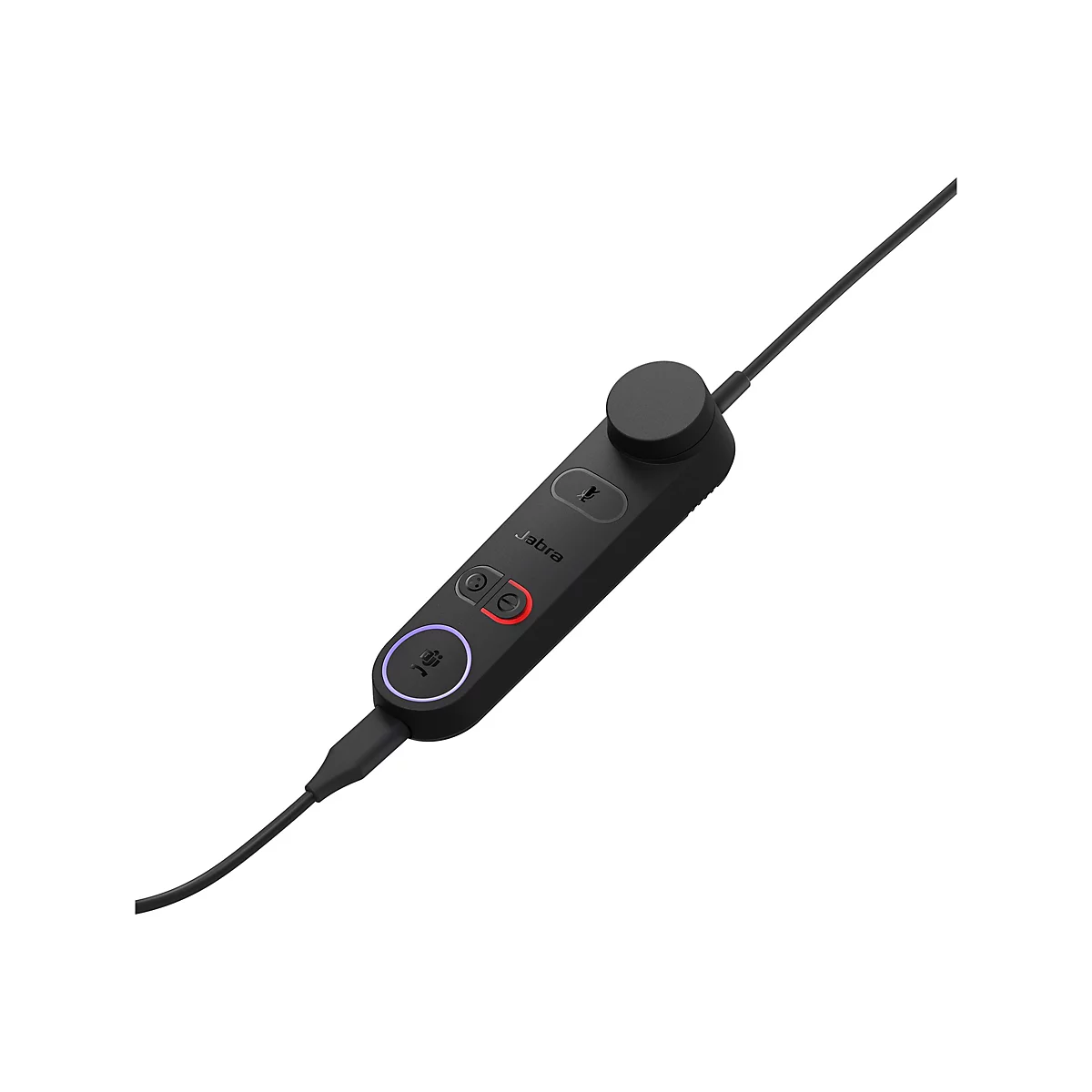 Schwarze Fernbedienung mit Kabel für Headset, mit Jabra-Logo und Knöpfen.
