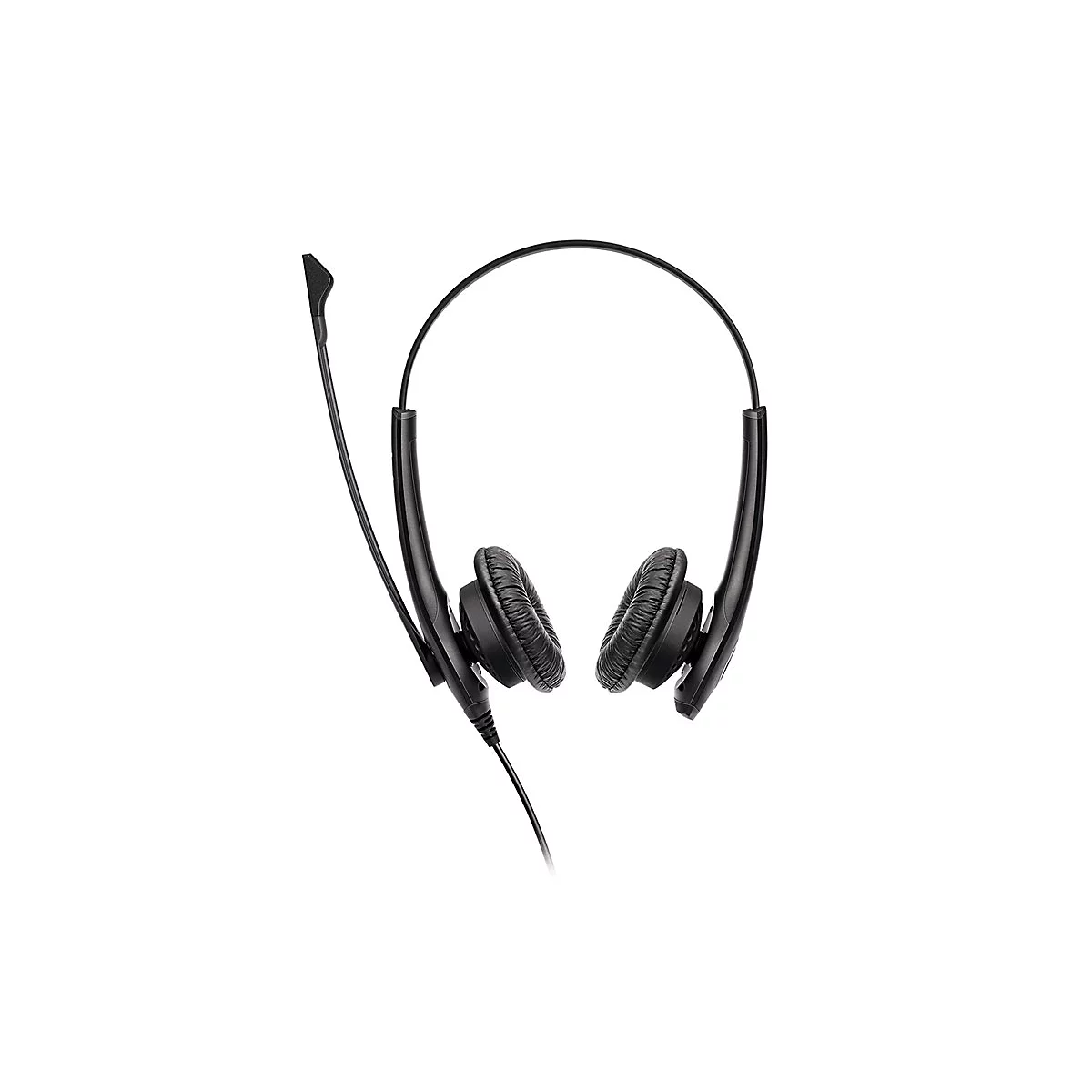Schwarzes Headset mit Bügel und Mikrofon, isoliert auf weißem Hintergrund.