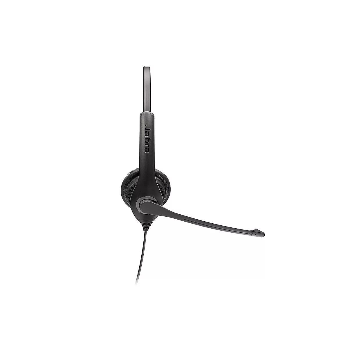 Schwarzes Jabra Headset mit Mikrofonarm und Kabel, vor weißem Hintergrund.