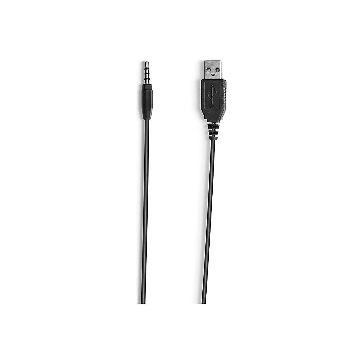 Schwarzes Audiokabel mit 3,5-mm-Klinke und USB-Stecker auf weißem Hintergrund.