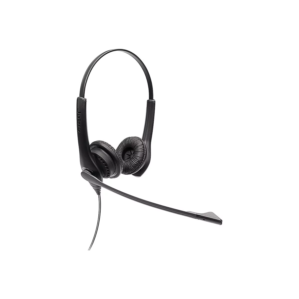 Schwarzes Jabra-Headset mit Ohrpolstern, Mikrofon und Bügel, vor weißem Hintergrund.