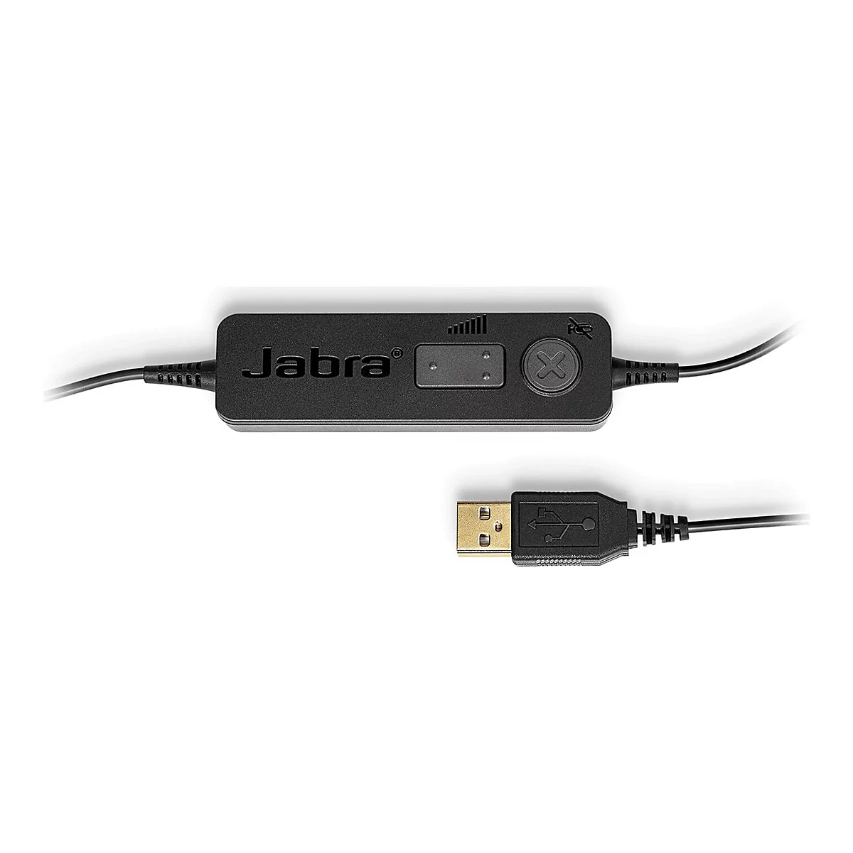Schwarzes Jabra Headset-Kontrollmodul mit USB-Anschluss. Auf dem Modul sind Tasten und das Jabra-Logo zu sehen.