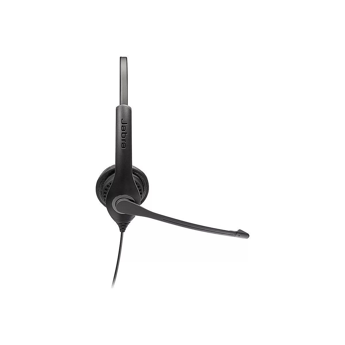 Schwarzes Jabra-Headset mit Mikrofon und Bügel vor weißem Hintergrund.