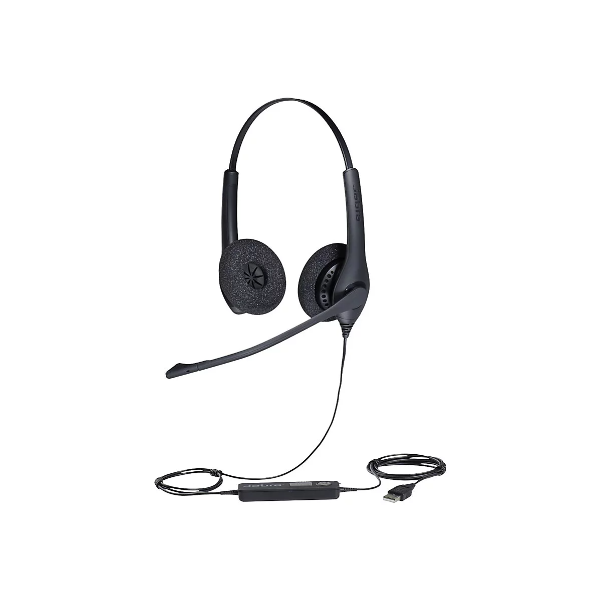 Ein schwarzes Headset mit Ohrmuscheln, Mikrofon und USB-Anschluss. Das Headset ist von Jabra.
