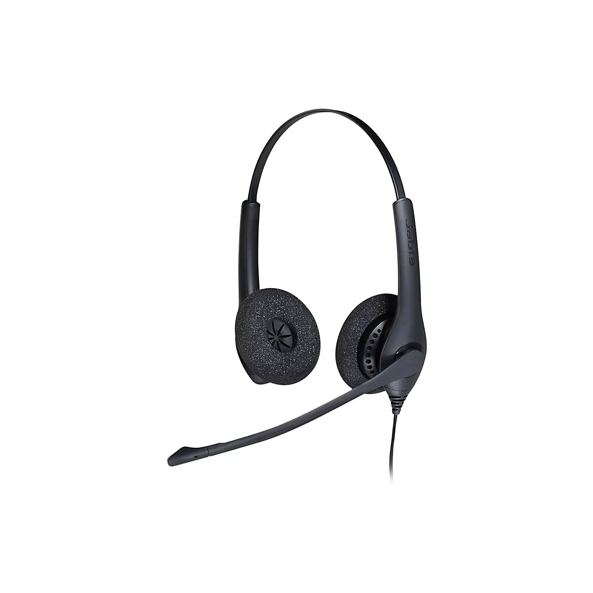Casque noir avec microphone flottant sur fond blanc. Le nom de la marque 'Jabra' est clairement visible.